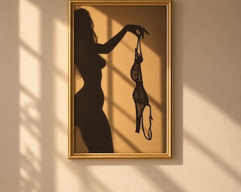 Sensual Woman Silhouette Wall Art, Black Lace Lingerie Print, Golden Hour Shadow Art, Feminine Bedroom Decor, Moody Boudoir Wall Art