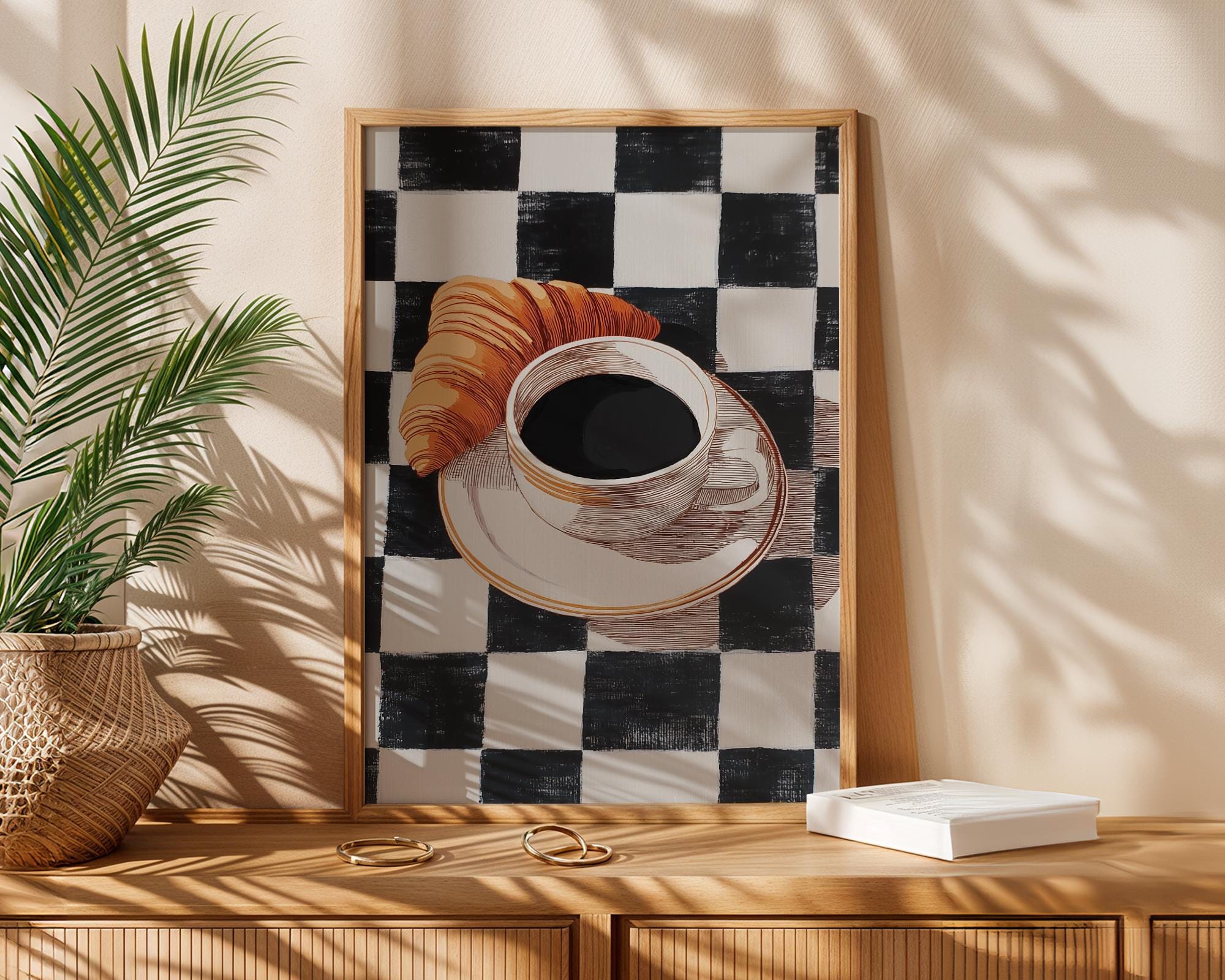 Black and White Checkered Coffee Print, Retro Kitchen Wall Art