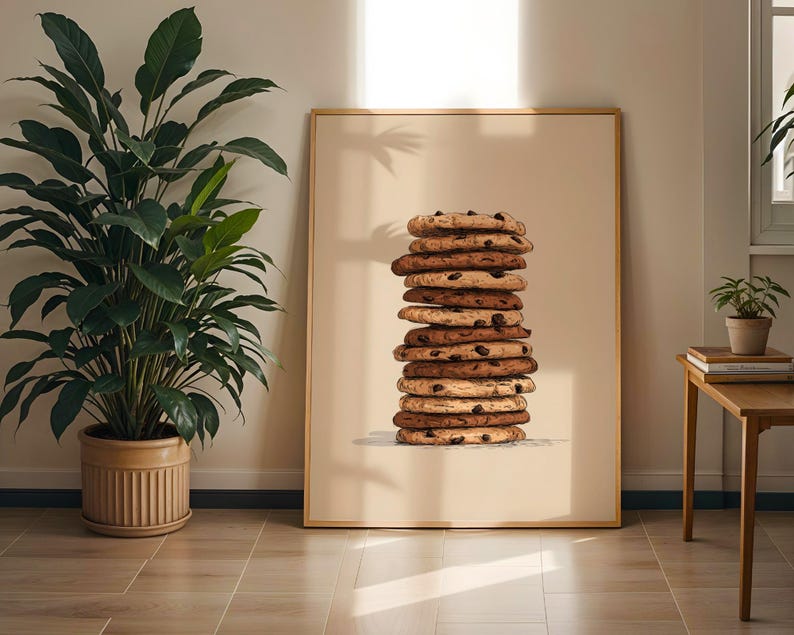 May include: A rectangular framed wall art print featuring a vertical stack of eleven golden-brown chocolate chip cookies centered on a solid light beige background. The cookies are round with visible dark chocolate chips and textured surfaces.
