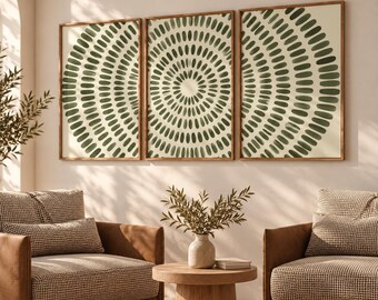 Sage Green Abstract Wall Art Set of 3, Olive Green Mandala Prints, Minimalist Geometric Circle Poster, Neutral Boho Modern Decor