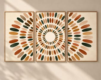 Earthy Abstract Wall Art Set of 3, Terracotta Green Geometric Prints, Boho Mid Century Modern Wall Decor, Neutral Living Room Art