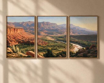 Desert Canyon Wall Art Set of 3, Sunlit Mountain Landscape Prints, Terracotta Valley River Poster, Southwestern Nature Decor, Rustic Art