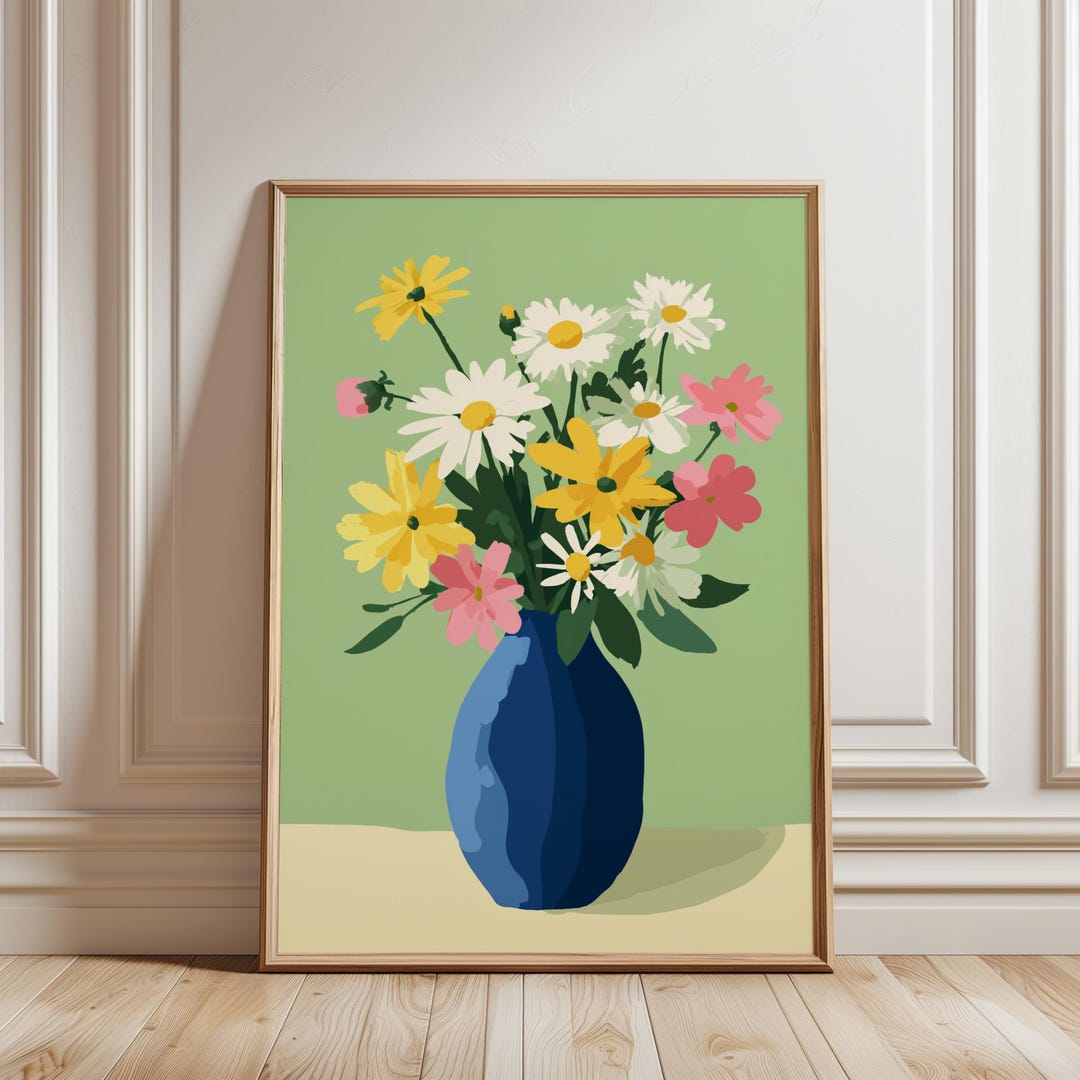 Green Floral Vase Print | Soft Daisy Bouquet Wall Art | Minimalist ...