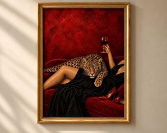 Leopard Wall Art Print, Glamorous Woman with Wine, Red Velvet Sofa Artwork, Dark Maximalist Decor, Moody Animal Art, Luxury Lounge Print