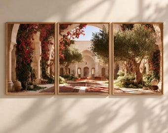 Moroccan Riad Courtyard Wall Art Set of 3, Mediterranean Olive Tree Prints, Sunlit Archway Poster, Boho Botanical Decor, Rustic Art