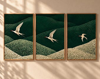Japanese Bird Wall Art Set of 3, Flying Tern Prints, Dark Green Rolling Hills Landscape, Vintage Woodblock Style, Japandi Nature Decor
