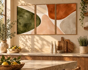 Abstract Wall Art Set of 3, Olive Green Terracotta Prints, Neutral Earth Tone Wall Decor, Modern Minimalist Art, Boho Living Room Decor