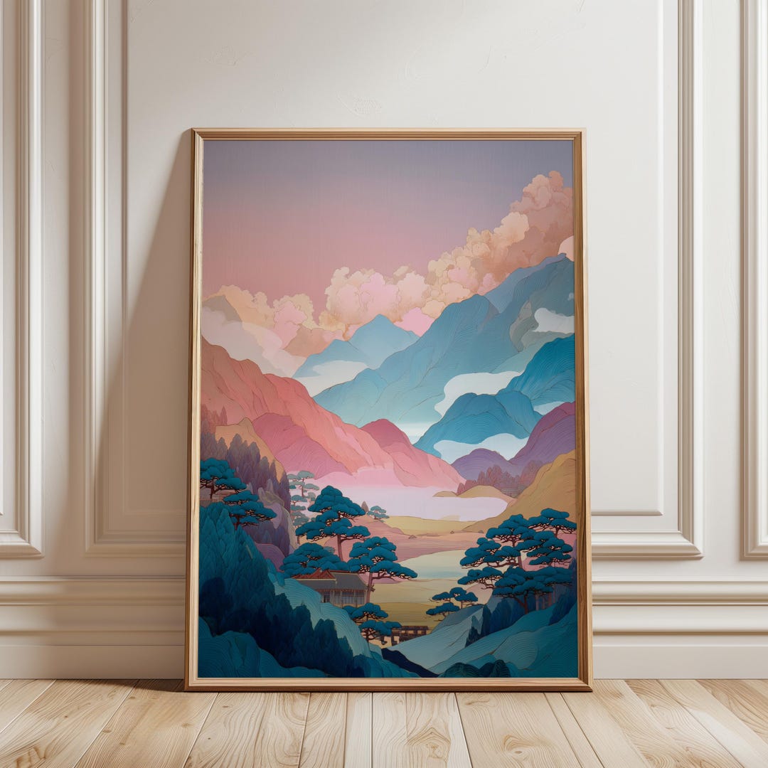 Pastel Mountain Landscape Wall Art | Japanese Style Scenic Print | Pink ...