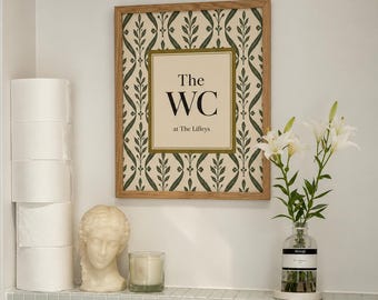 Personalised WC Bathroom Surname Print, Custom Family Name Toilet Wall Art, Vintage Botanical Green Decor, Elegant Guest Bathroom Poster