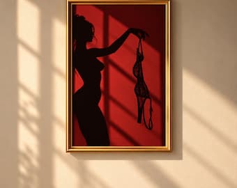 Red Woman Silhouette Wall Art, Black Lace Lingerie Print, Sensual Feminine Artwork, Dark Boudoir Decor, Moody Red Bedroom Wall Art