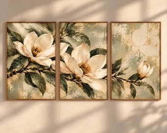 Vintage Magnolia Wall Art Set of 3, Cream Floral Botanical Prints, Sage Green Flower Poster, Rustic Cottagecore Decor, Neutral Wall Art