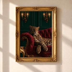 May include: A framed wall art piece featuring a leopard resting on a deep red tufted velvet sofa. The background is a dark green paneled wall with two gold wall sconces holding lit candles. The frame is ornate, metallic gold with intricate carvings.