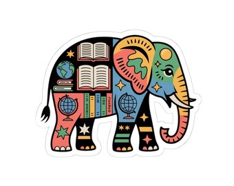 Educational Elephant Kiss-Cut Sticker | Colorful School Books Globe Design