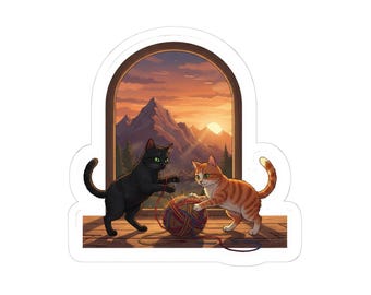 Two Cats Playing with Yarn Sticker | Kiss-Cut Scenic Window Cat Sticker