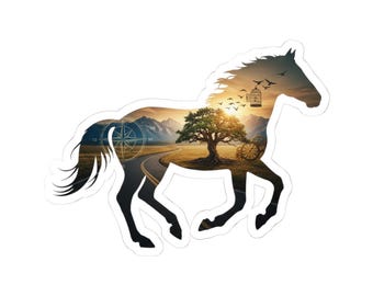 Sunset Landscape Horse Sticker | Kiss-Cut Vinyl Sticker, Scenic Horse Silhouette
