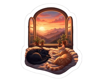 Sunset Window Cats kiss-cut stickers | Sleeping Black and Orange Cat Sticker