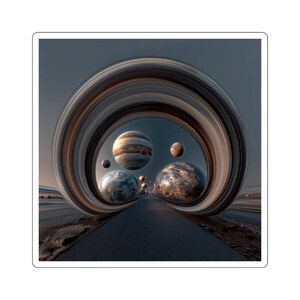 May include: A sticker featuring a surreal space scene. A dark road leads toward a series of planets and spheres, framed by a swirling, ring-like structure. The color palette includes shades of gray, brown, and blue.