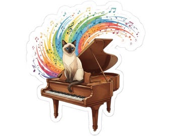 Siamese Cat on Grand Piano Kiss-Cut Sticker | Rainbow Musical Notes