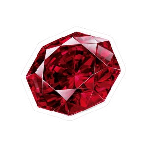 May include: A faceted, deep red gemstone with a brilliant cut, featuring sharp geometric angles and reflective surfaces that create a play of light and shadow across the stone, presented as a sticker with a thin white border outline.