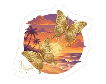 Golden Butterflies Sunset Sticker | Kiss-Cut Beach Scene Sticker