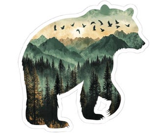 Mountain Bear silhouette stickers | Forest landscape kiss-cut sticker