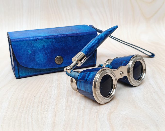 Engraved Brass Opera Glasses – Vintage Mini Binoculars with Blue Leather Case