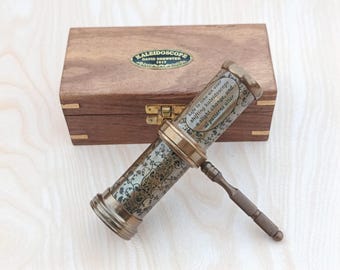Personalized Brass Kaleidoscope with Wooden Box – Engraved Vintage Toy Handle