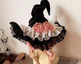 Cappello da strega gotico nero da mago, accessorio per costume cosplay e feste.