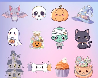 Könnte beinhalten: Kawaii Halloween Icon Pack. Eine Sammlung niedlicher Halloween-Illustrationen. Enthält eine Fledermaus, einen Totenkopf, einen Kürbis, einen Hexenhut, einen Geist, eine Süßigkeitentüte, eine Mumie, eine schwarze Katze, ein Spukhaus, Knochenbonbons, einen Cupcake und einen Süßigkeiteneimer.