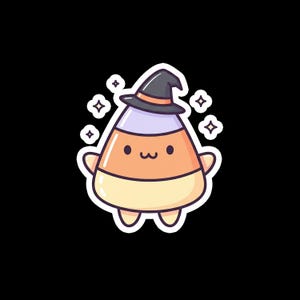 Puede incluir: Ilustración de dibujos animados de un personaje de caramelo de maíz con un sombrero de bruja. El caramelo de maíz es naranja, amarillo y morado, con una cara sonriente y brazos y piernas pequeños. El fondo es negro, con cuatro estrellas.