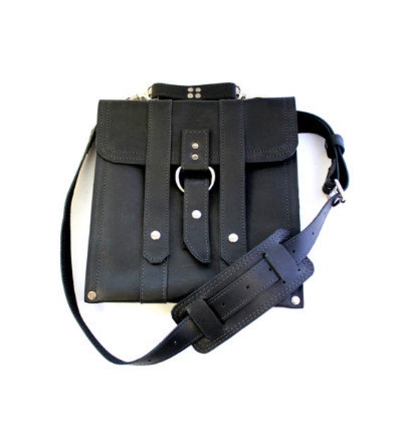 Items similar to Leather iPad Bag New Classic Black Slim Messenger