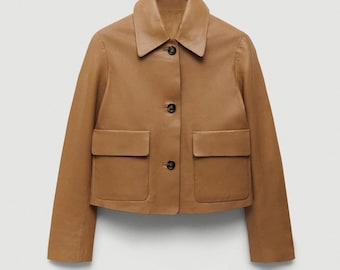 Camel Brown Cropped Jacket, Minimalist Button-Up Short Coat