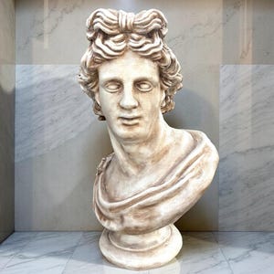 Apollo Bust Statue – Handmade Classical Greek God Sculpture, Aged-Stone Patina – 40 cm (15.75")