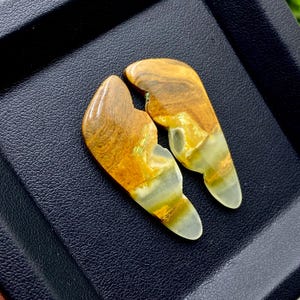 Può includere: Due ciondoli in pietra preziosa lucidata dalla forma unica. Le pietre presentano un mix di tonalità marroni, dorate e verdi traslucide. I ciondoli sono esposti su una superficie nera, mettendo in risalto i loro motivi e le loro trame naturali.