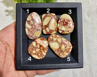May include: Five polished stones with a mix of beige, brown, and reddish-brown patterns, displayed in a black square tray. The stones vary in shape, including oval and rectangular forms. The stones are numbered 1 through 5.
