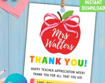 Custom Teacher Name Tag, Editable Teacher Appreciation Week Gift Tag, Teacher Apple End of School Year Tag, Teacher Thank You Printable Tag