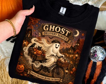 Ghost Delivery Service PNG, Cute Halloween Ghost PNG, Vintage Spooky Ghost, Bicycle Ghost Clipart, Halloween Sublimation, Fall PNG Download