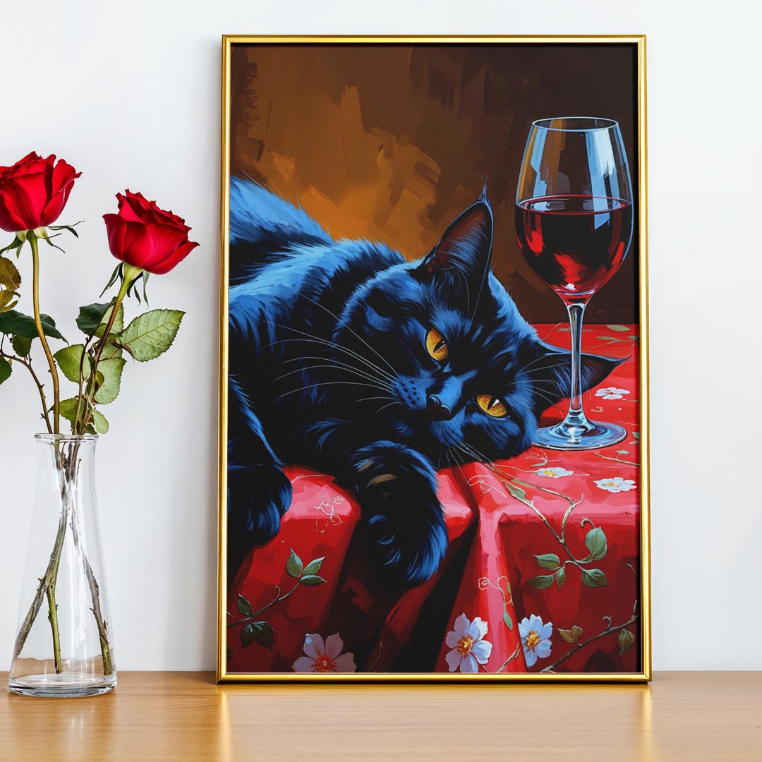 Black Cat Wine Art Print: Funny Moody Cat Lover Decor (digital Download ...