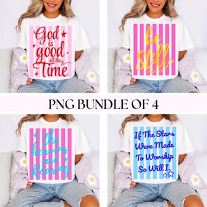 May include: Four white t-shirts with inspirational quotes, each with a different design. The shirts have vertical striped backgrounds in pink and blue, with text in various colours. The phrase "PNG BUNDLE OF 4" is displayed below the shirts.
