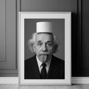 Einstein photo with a toilet paper roll on his head, Funny Bathroom Wall Art, Black And White einstein, Printable Digital Download