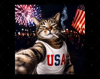 Patriotic Smoking Cat PNG,4th of July Cat Lover Gift, 250th Anniversary Fireworks Meme PNG, Summer BBQ Party Tee Gift