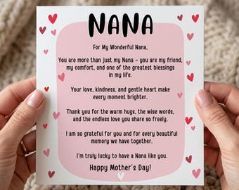 Printable Mother’s Day Card for Nana, Cute Heart Greeting Card for Grandma, Instant Download Nana Card, Printable Mother’s Day Card