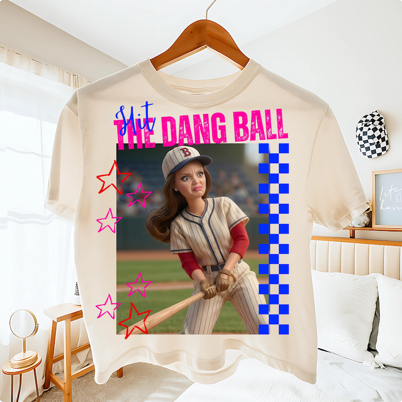 Hit The Dang Ball Baseball Mom Png, Game Day Softball Png, Distressed Doll Face Meme image 1