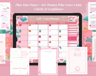 May include: A collection of pink and white self-care planners and journals. The image includes a digital tablet displaying a calendar, along with daily, weekly, and annual planners. Text includes "Plan Your Peace" and "Self-Care Planner."