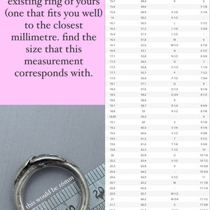 May include: A chart showing ring sizes in millimeters and corresponding US and Australian ring sizes. A silver ring is shown next to a ruler, measuring 16 mm in diameter. The text "this would be 16mm" is written on the ring.