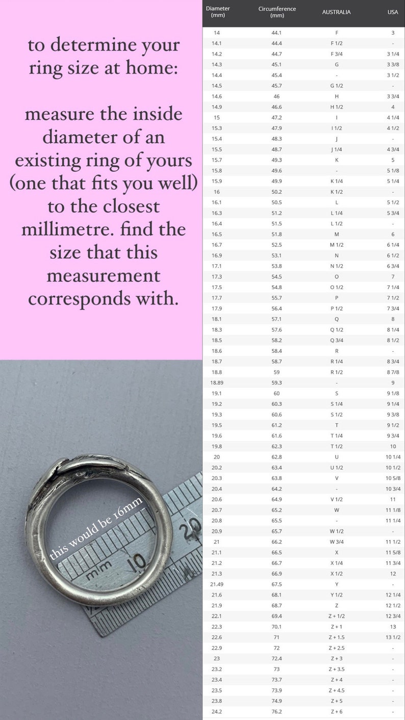 May include: A chart showing ring sizes in millimeters and corresponding US and Australian ring sizes. A silver ring is shown next to a ruler, measuring 16 mm in diameter. The text "this would be 16mm" is written on the ring.