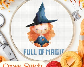 Cute Witch Cross Stitch Pattern Full of Magic Cross Stitch PDF Halloween Witch Xstitch Kawaii Embroidery Counted Chart