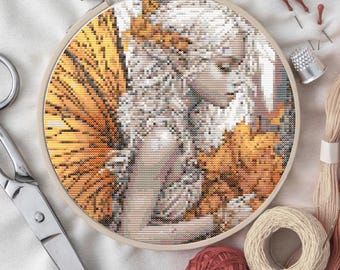 Autumn Stitch Pattern Fairy, Instant Digital Download, Fall Fairy Stitch PDF, Counted Cross Stitch Design Fantasy Xstitch Fantasy Embroidery