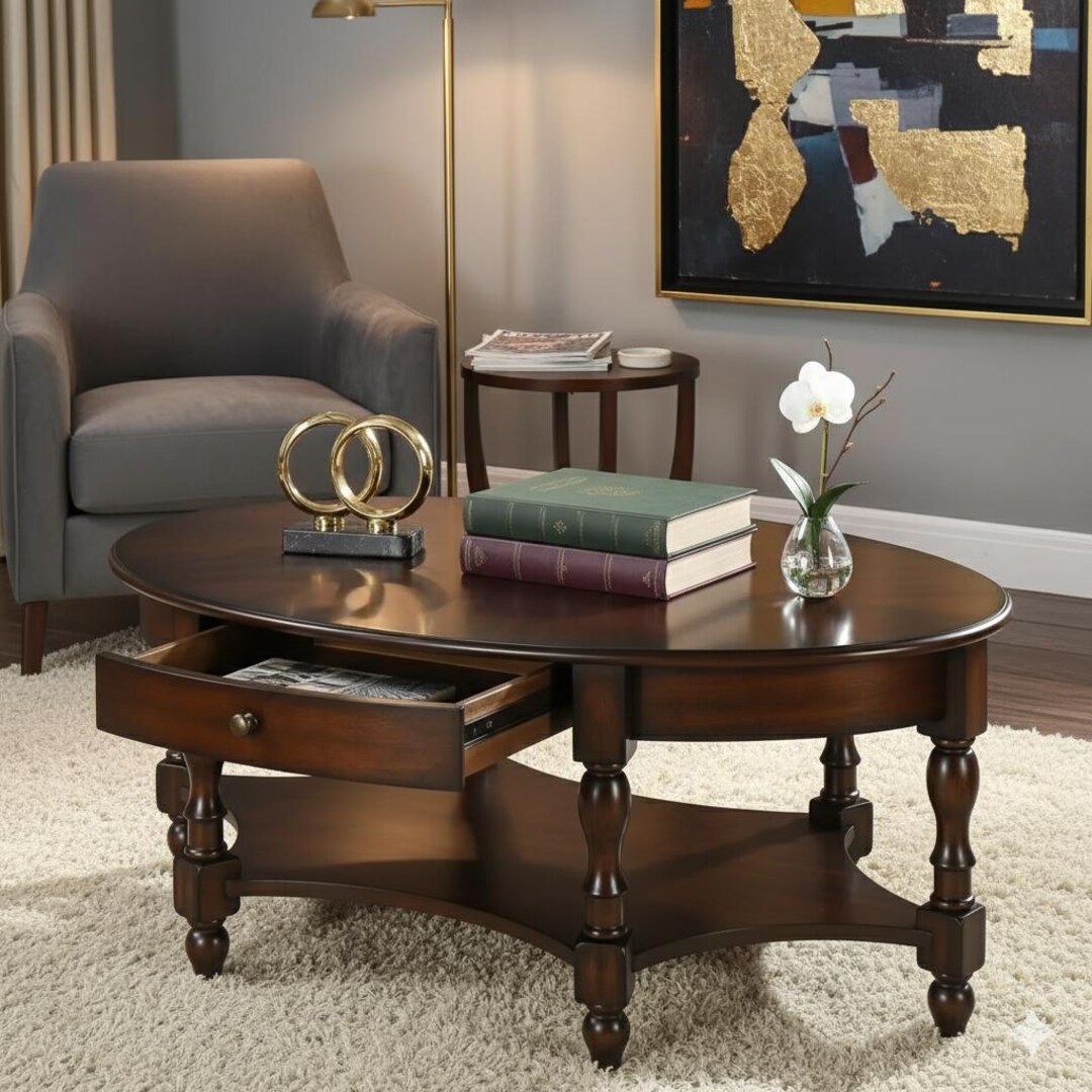 Traditional Solid Wood Oval Coffee Table With Drawer & Storage Shelf ...