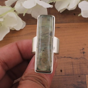 Prehnite Gemstone Ring, Green Gemstone Ring, 925 Pure Silver Ring, Rectangle Bar Stone Ring, Silver Band Ring, Handmade Jewelry For Women
